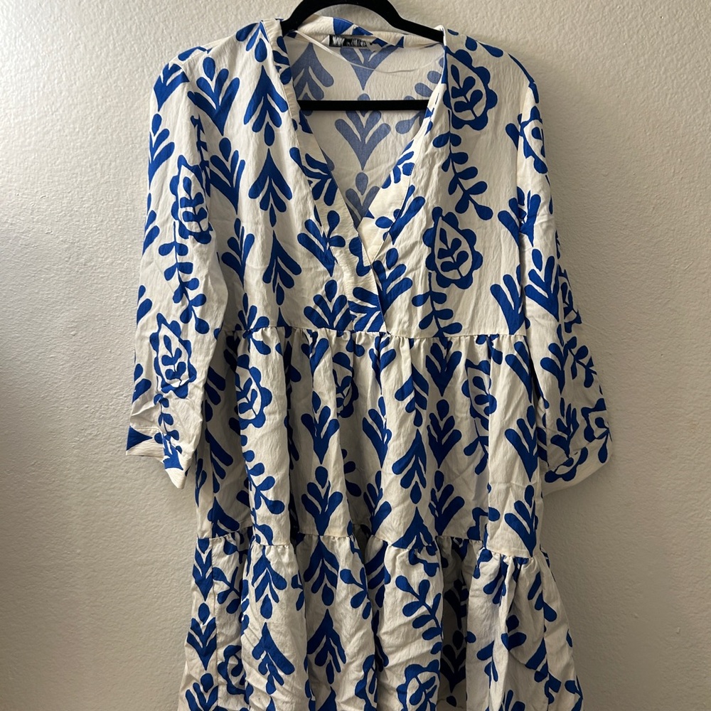 Zara White Midi Dress with Blue Floral Print